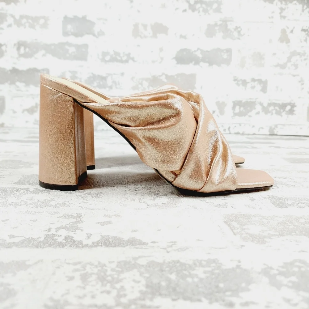Adrienne Vittadini Genie Satin Cream Cross Band Heeled Slide Dress Sandals W1101